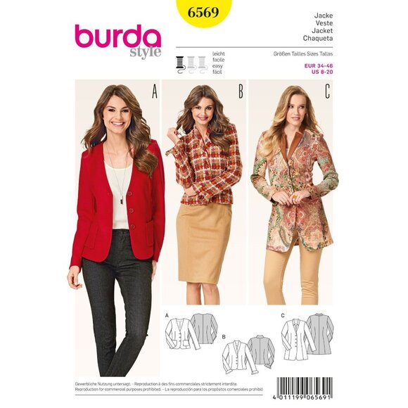 Burda Style 6569 Sewing Pattern Womens Jacket Blazer Sizes 8-20 - Picture 1 of 2